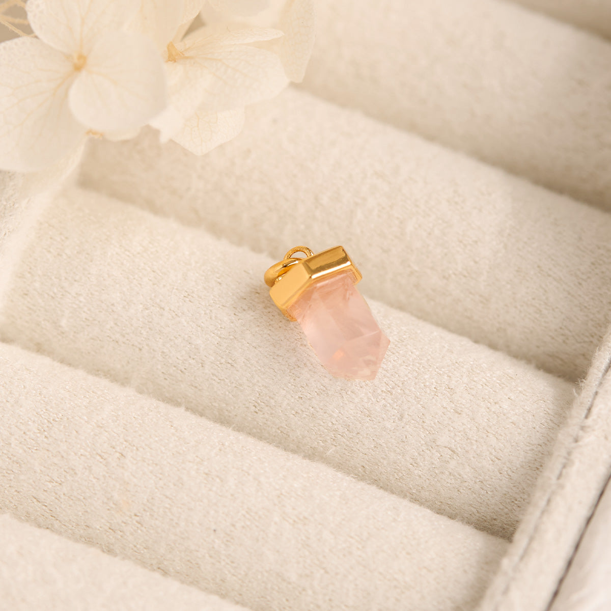 Dainty Drop Rose Quartz Crystal Gold Charm