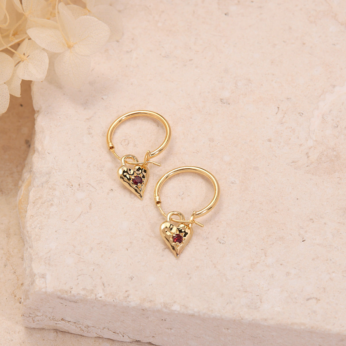 Love Heart Garnet Hoops Gold