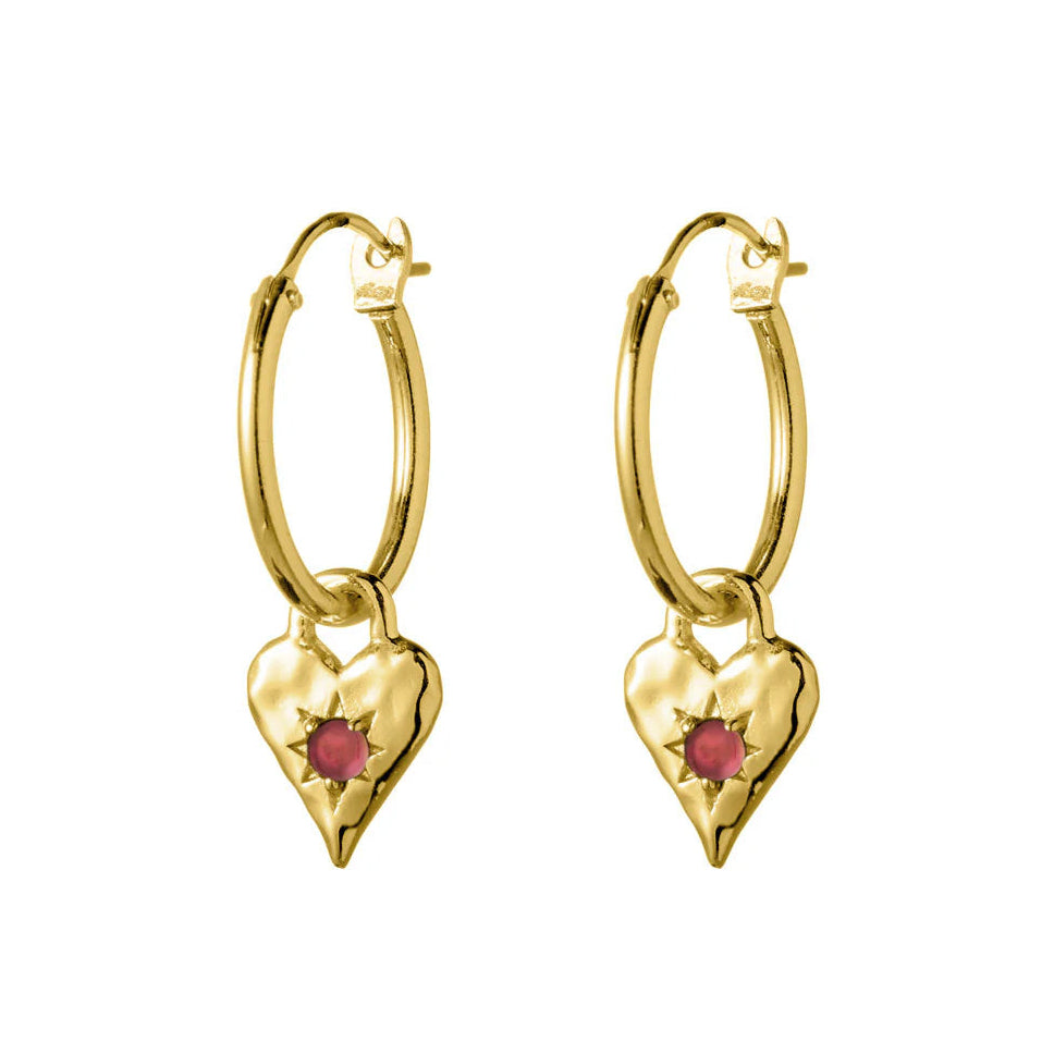 Love Heart Garnet Hoops Gold