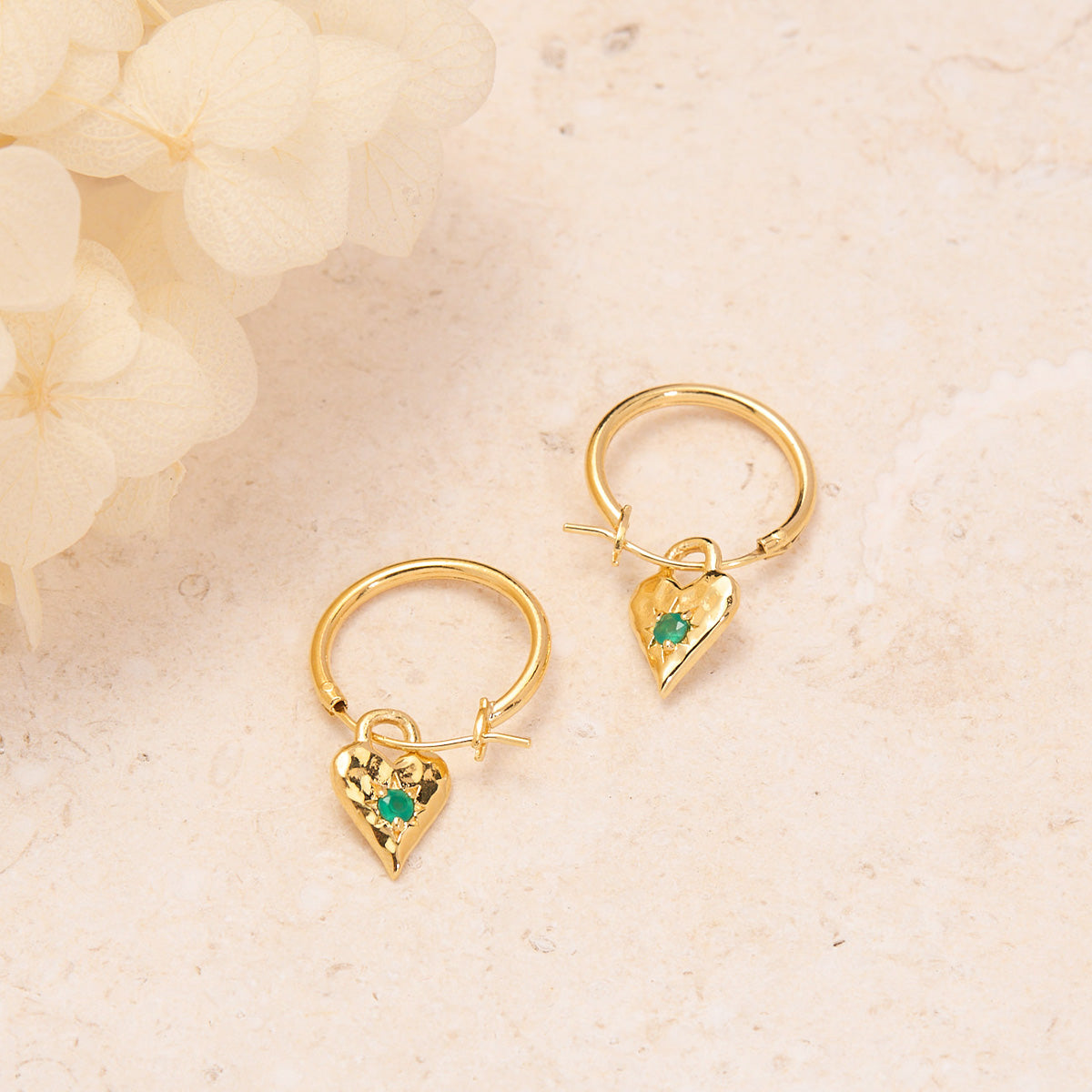 Love Heart Green Onyx Hoops 14K Gold