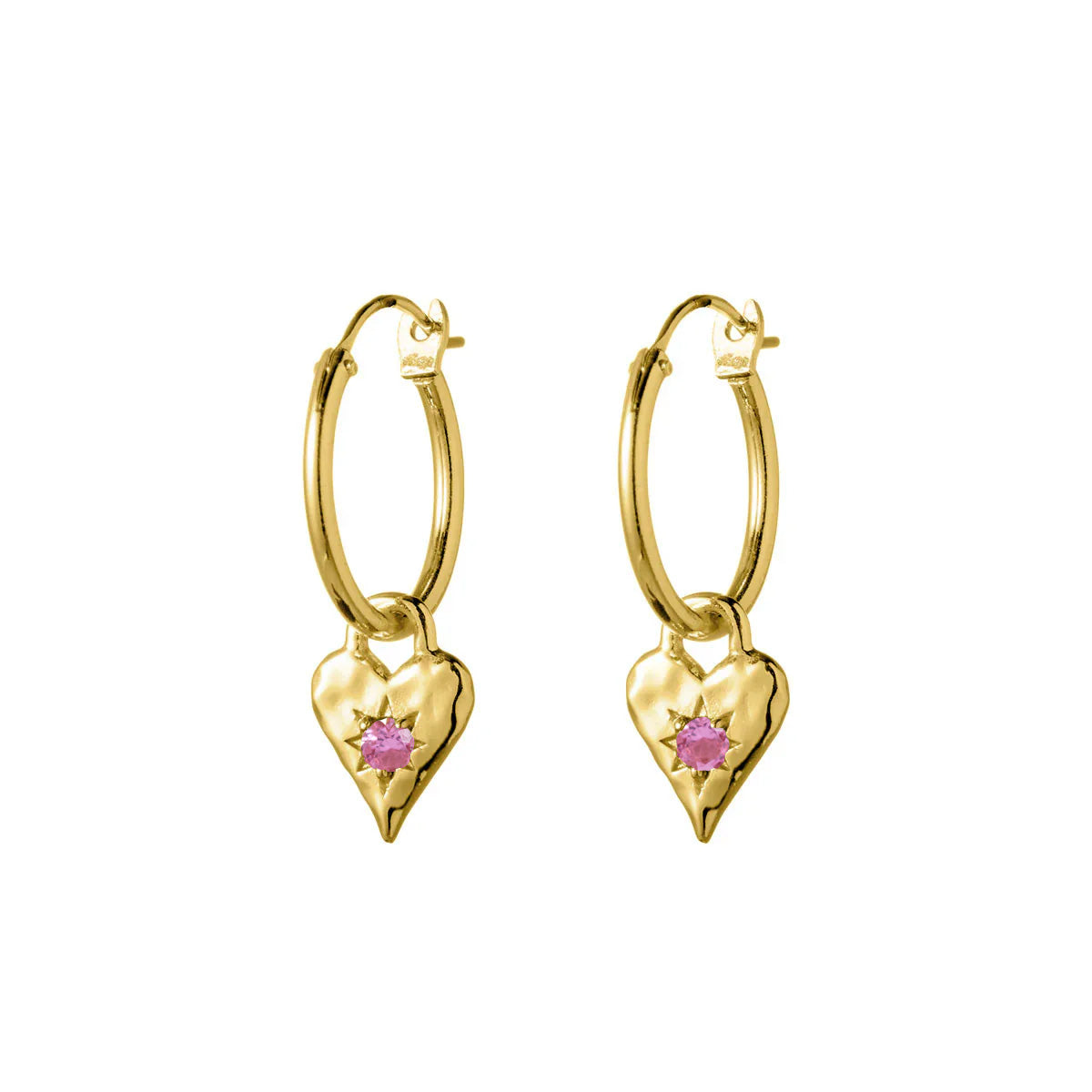 Love Heart Pink Tourmaline Gold Hoops