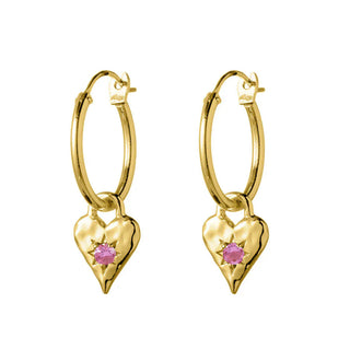 Love Heart Pink Tourmaline Gold Hoops