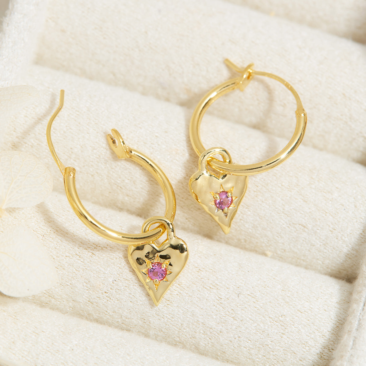 Love Heart Pink Tourmaline Gold Hoops