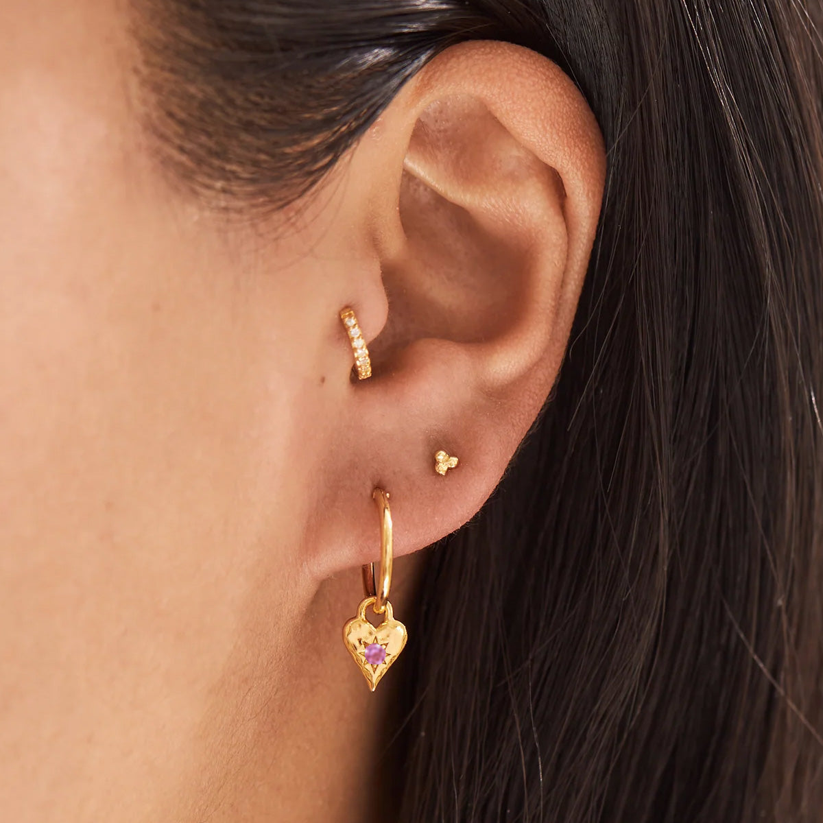 Love Heart Pink Tourmaline Gold Hoops