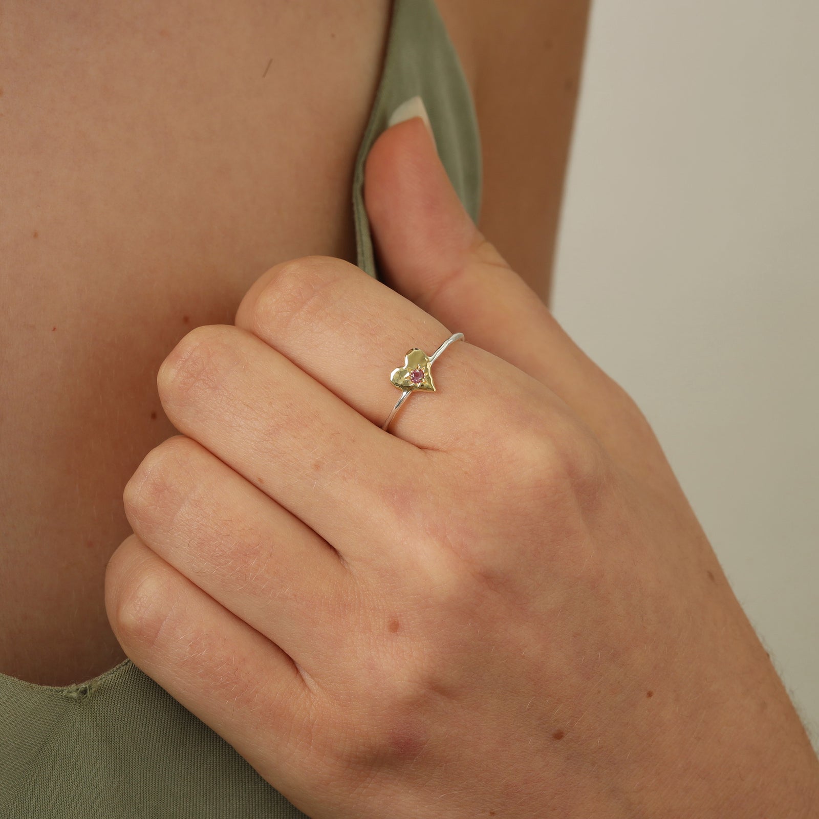 Love Heart Pink Tourmaline Two Tone Ring