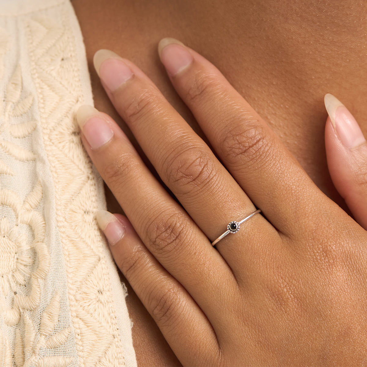 Dainty Beaded Oynx Flower Ring