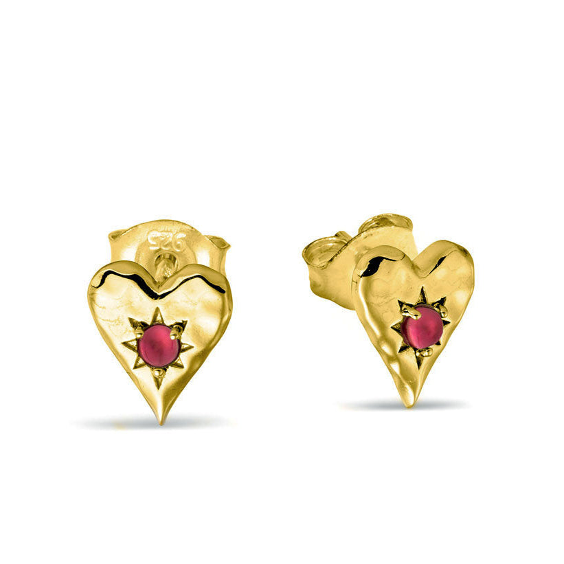 Love Heart Garnet Studs Gold