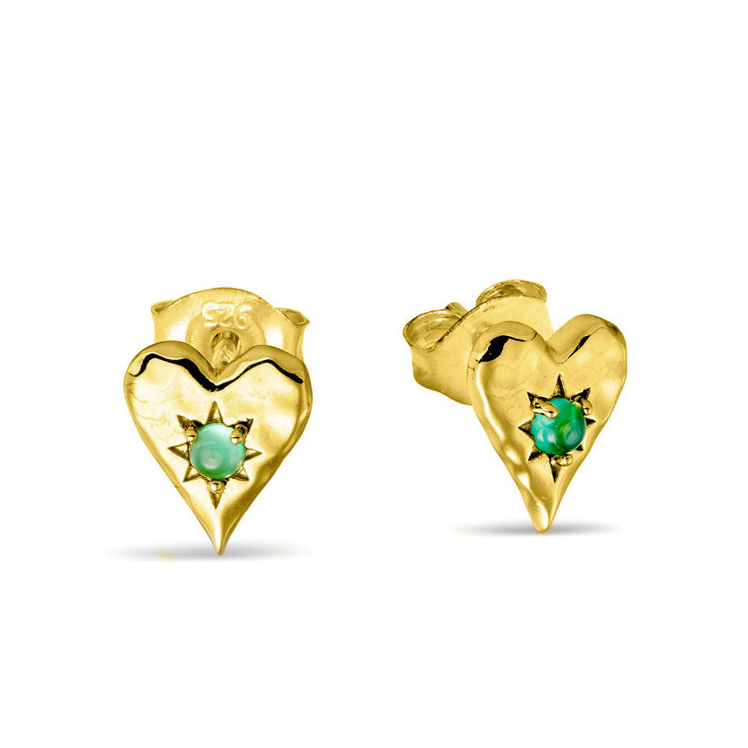 Love Heart Green Onyx Studs Gold
