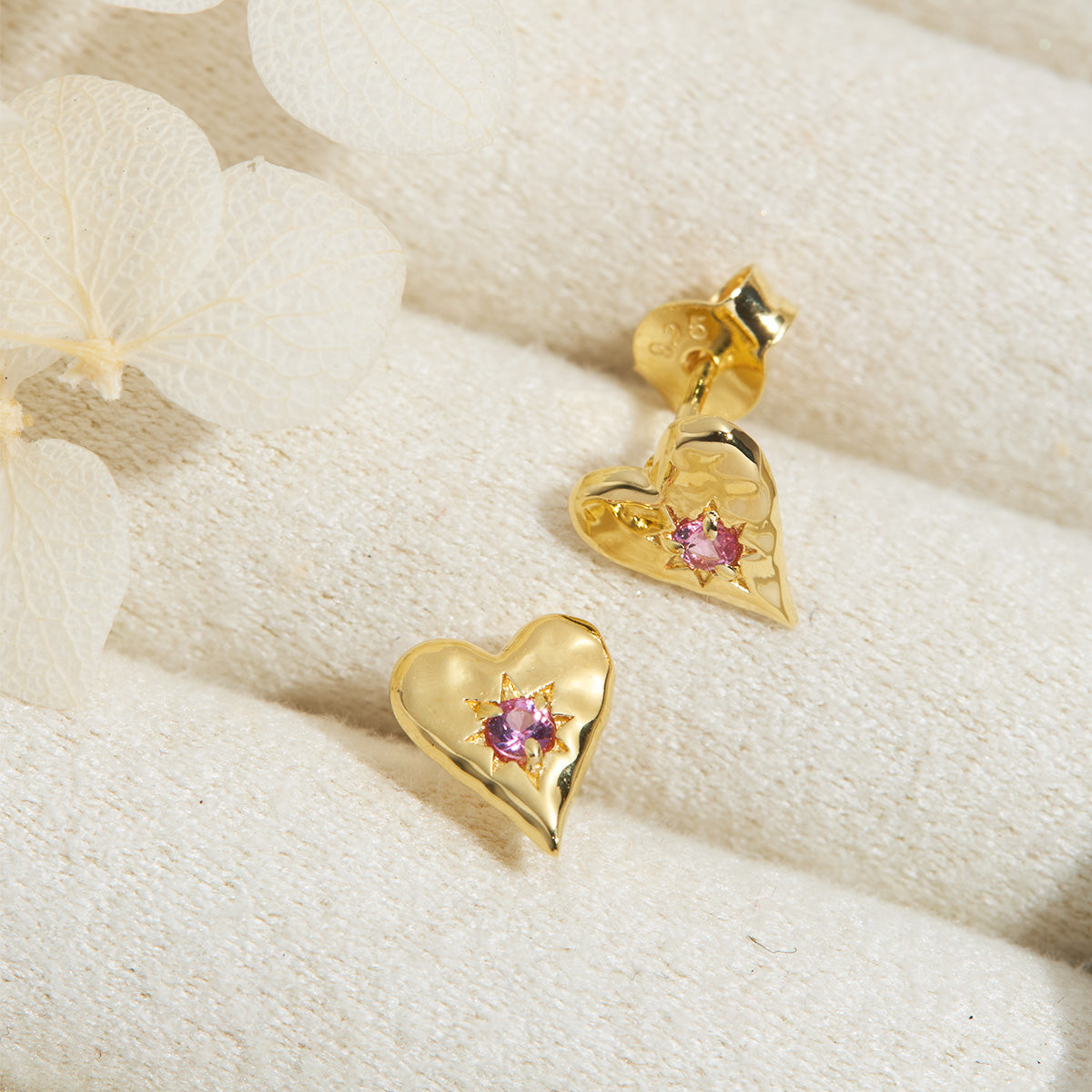 Love Heart Pink Tourmaline Gold Studs