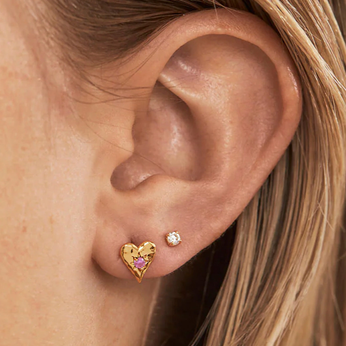 Love Heart Pink Tourmaline Gold Studs