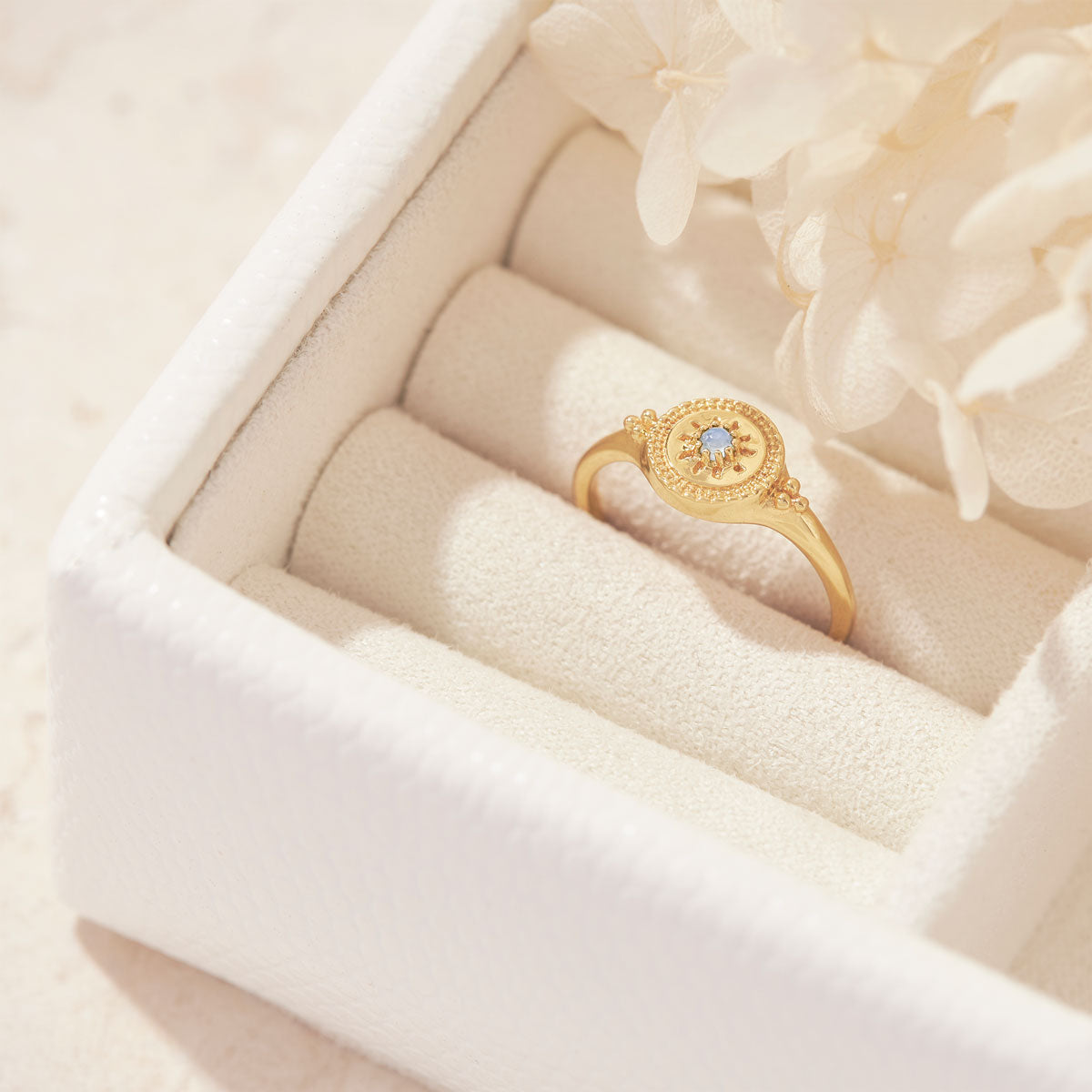 Solstice Rainbow Moonstone Signet Ring Gold