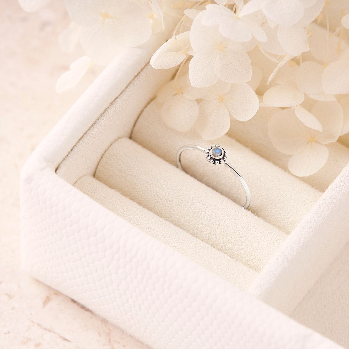 Dainty Beaded Flower Moonstone Ring