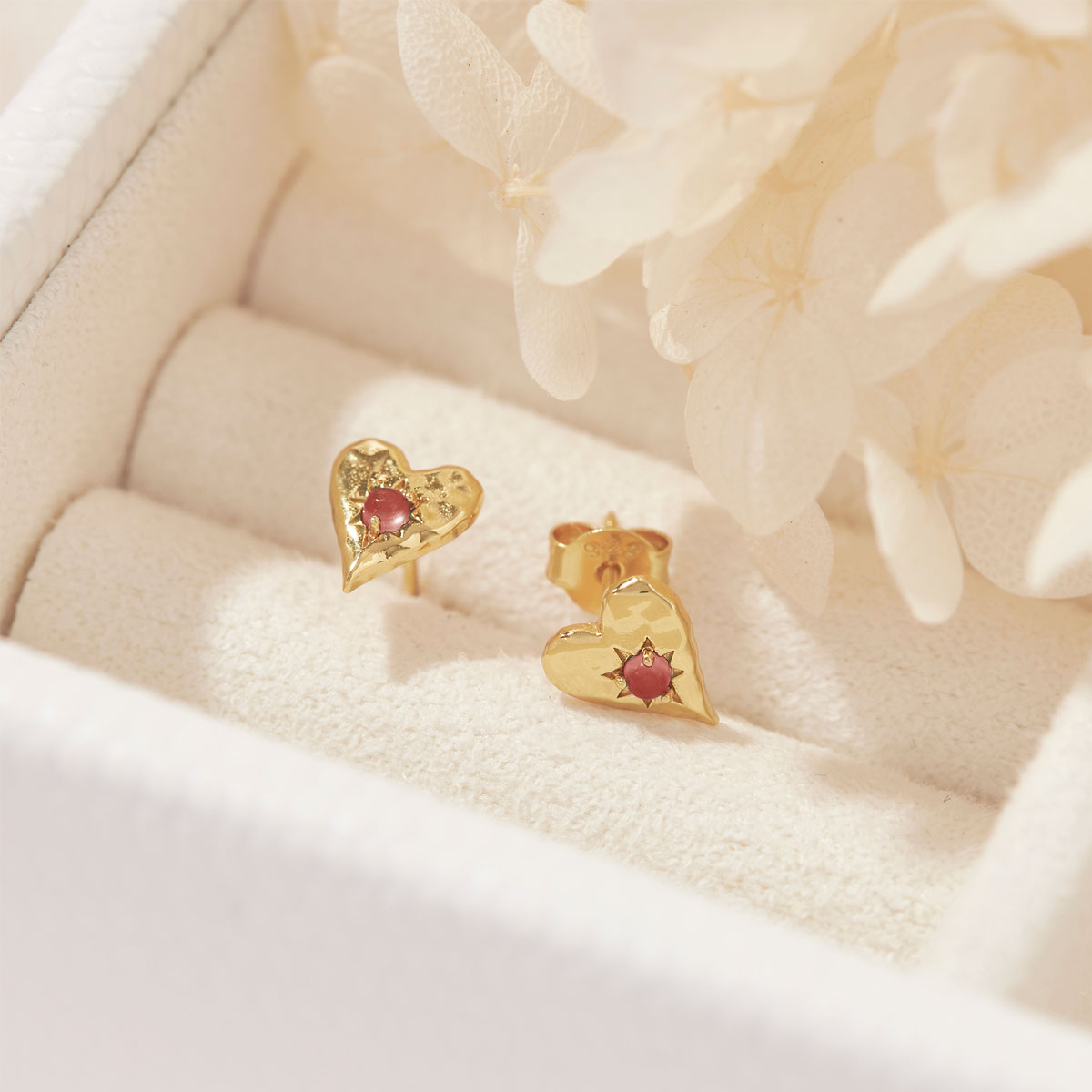 Love Heart Garnet Studs Gold